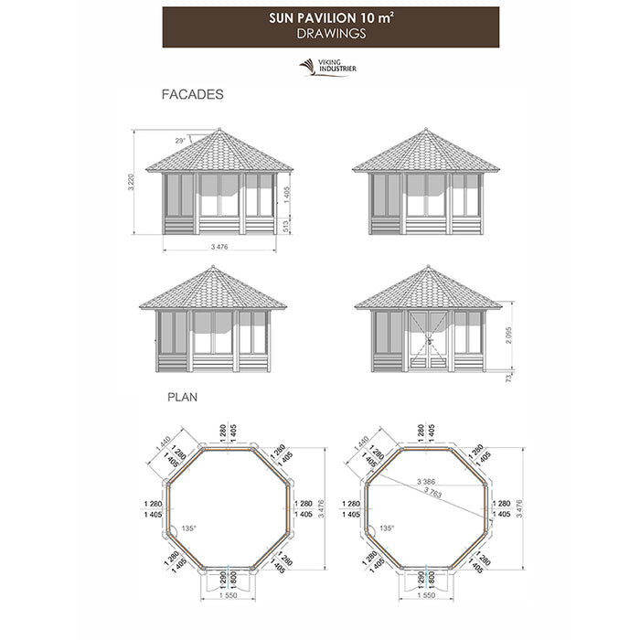 Technical drawing of the Pavilion 10m² Sun showing elevations and floor plans with precise dimensions and architectural details.