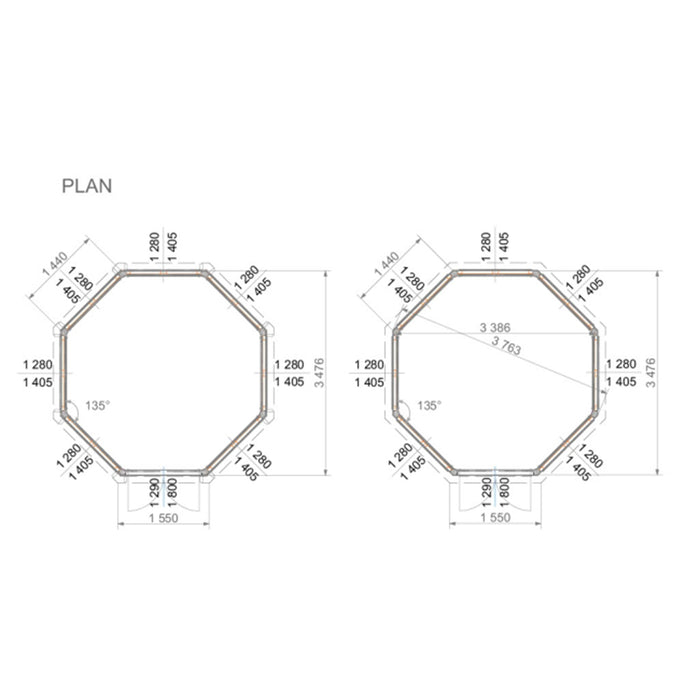 Detailed floor plan of the Pavilion 10m² Sun, displaying its octagonal layout and measurements for customisation and installation.