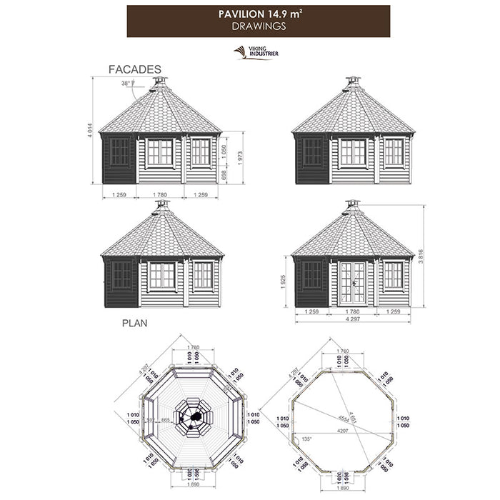 Detailed technical drawings of the Pavilion 14.9m² with facades, dimensions, and floor plans for precise planning.