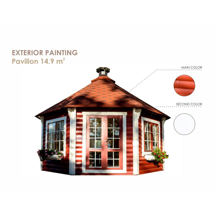 Pavilion 14.9m² with vibrant red and white exterior painting, highlighting customisable colour options and classic design.