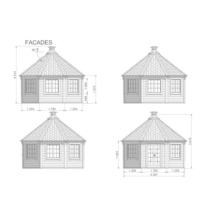 Technical facade drawings of the Pavilion 14.9m² showcasing its octagonal design and precise dimensions.