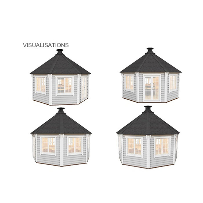 3D visualisations of the Pavilion 14.9m², showcasing its octagonal structure, black roof, and spacious design.