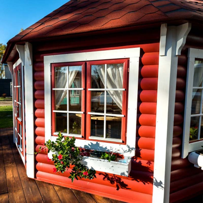 Detail view of the Pavilion 14.9m² walls and windows, showcasing the premium spruce timber and elegant craftsmanship.