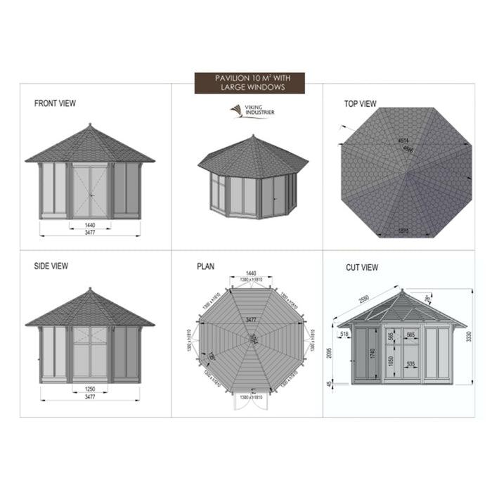 Comprehensive technical drawing of the Pavilion with Large Windows 10m², detailing its octagonal shape, dimensions, and structural features.