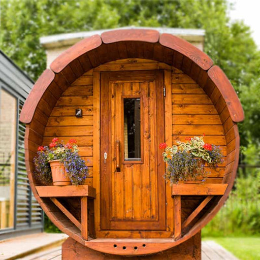 Traditional Sauna Barrel with flower pots.