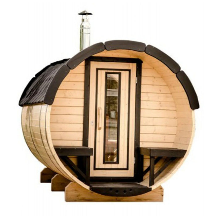 Traditional Sauna Barrel 1.9 x 3m, a wooden barrel-shaped sauna with a glass door and chimney.