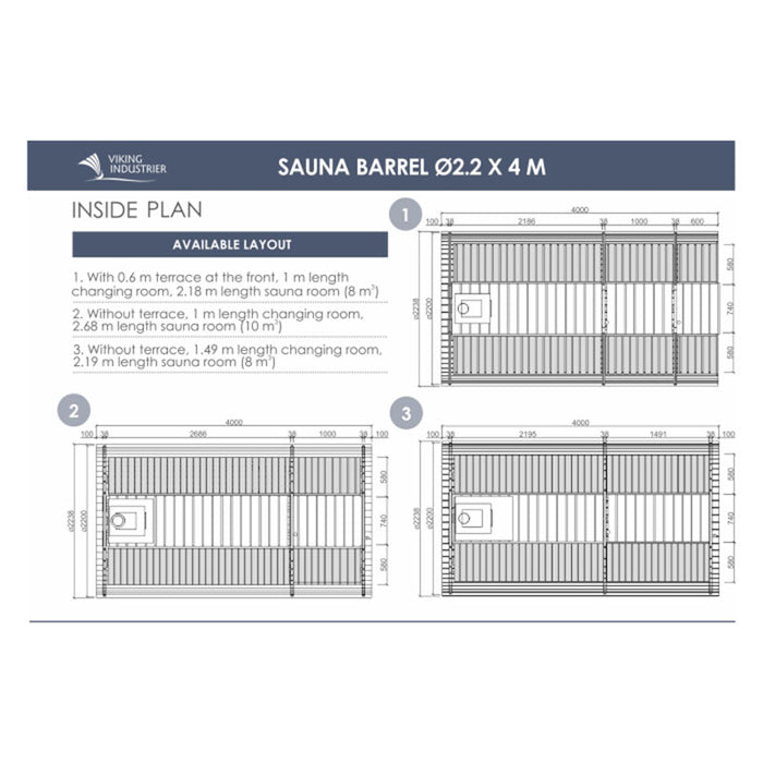 Traditional Sauna Barrel 2.2 x 4m inside plan.