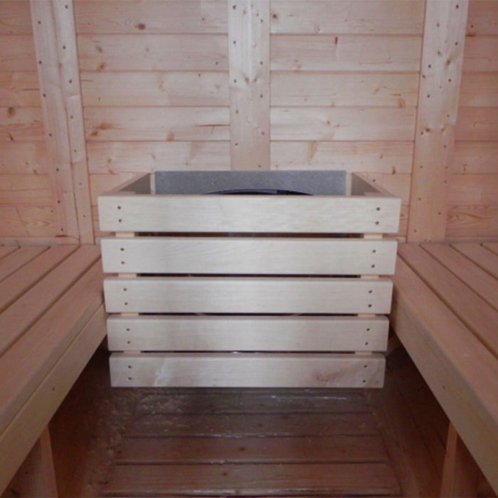  Traditional Sauna Barrel 2.2 x 4m light-toned wooden planks on the walls and benches.