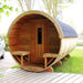 Traditional Sauna Barrel 2.2 x 4m with wooden benches outside.