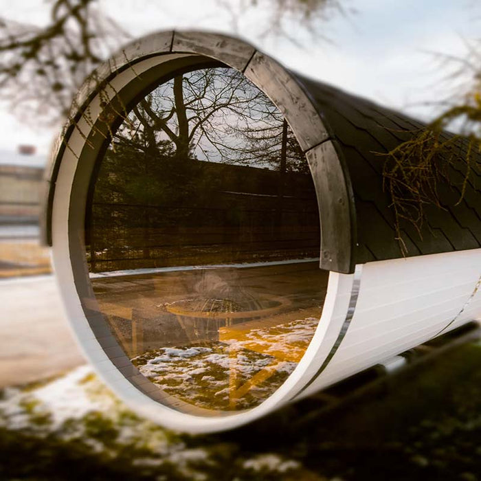 Close-up view of glass window of Sauna Barrel from Thermowood.