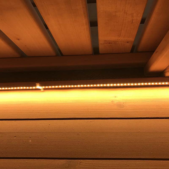 Close-up view of LED strips in Sauna Barrel from Thermowood 2.2 x 3m.