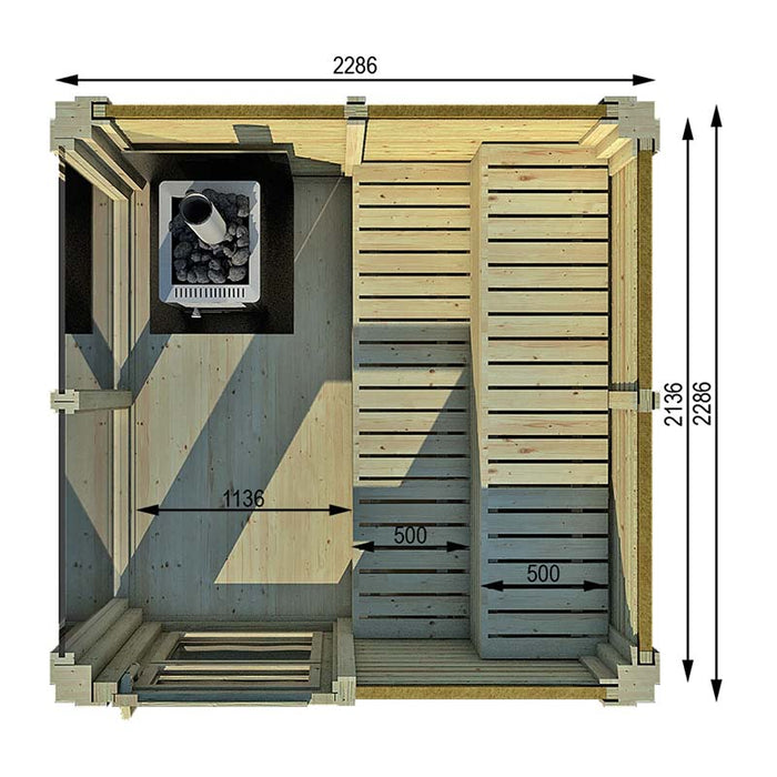 Cross-section of Traditional Sauna Cube 2 x 2m with dimensions.