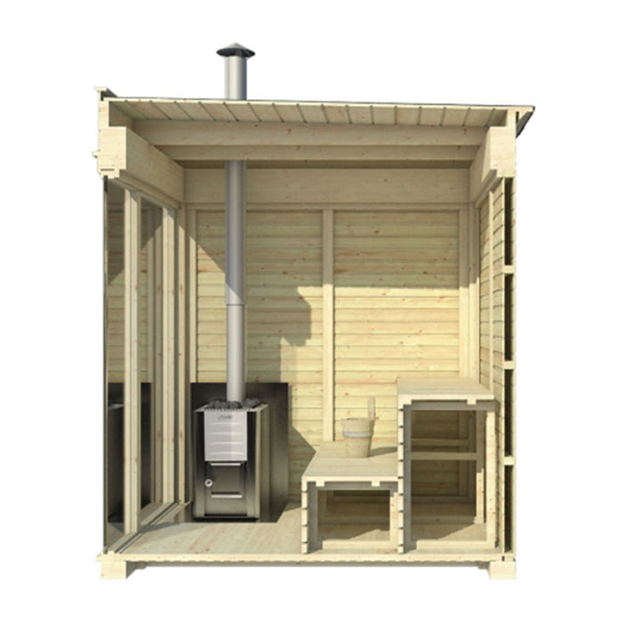 Cross-section showing the interior of Traditional Sauna Cube 2 x 3m with a wood-burning stove and wooden benches.