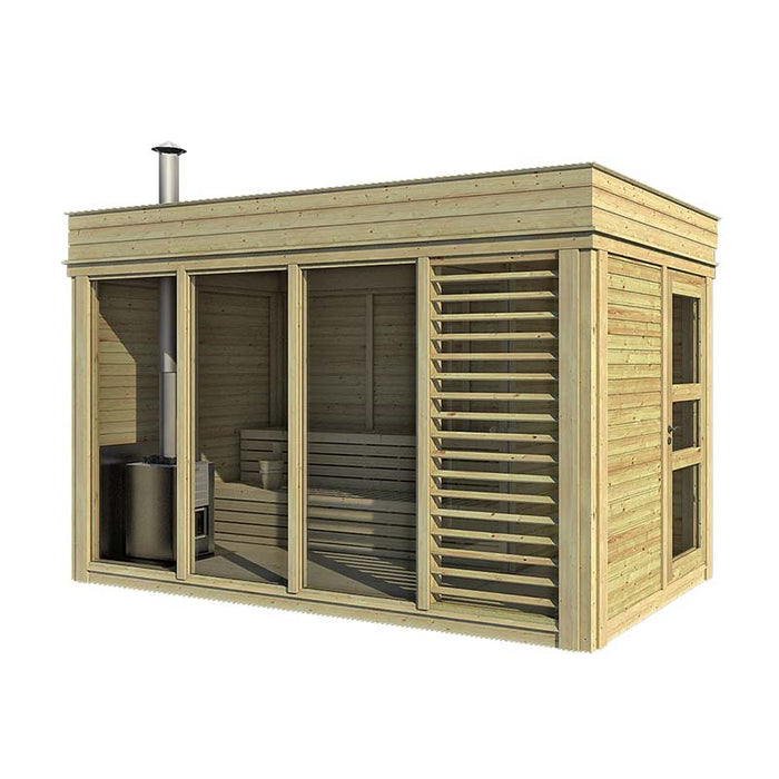 A cosy sauna cube 2 x 4m with a chimney and a window, providing a cozy and relaxing space for rejuvenation and tranquility.