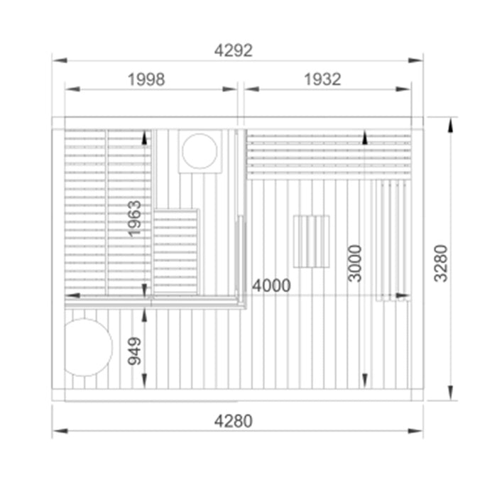 Traditional Sauna Cube 3 x 4m with Lounge dimensions.