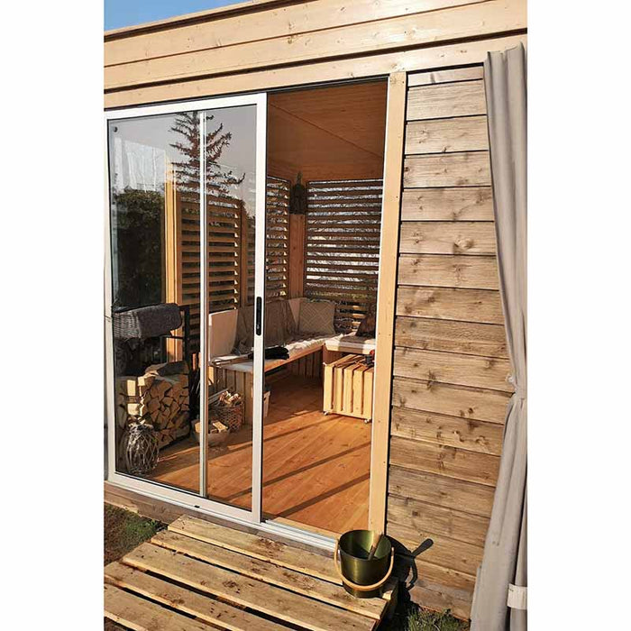 Close-up view of main entrance to the Viking Industrier Traditional Sauna Cube with wooden interior. 