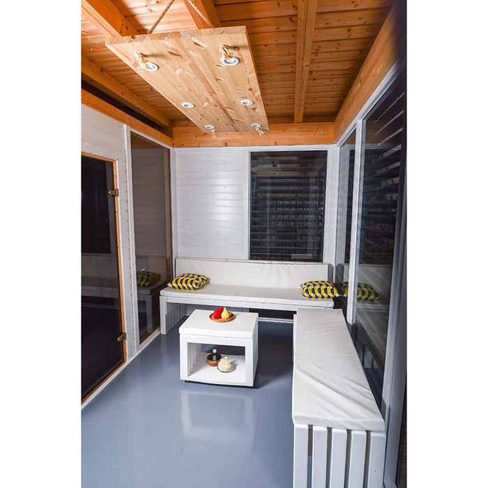 Traditional Sauna Cube 3 x 4m with Lounge interior design in color white.