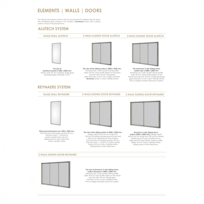 Detailed view of wall and door, showcasing Alutech and Reynaers systems with various sliding door configurations for customisable access and aesthetic flexibility