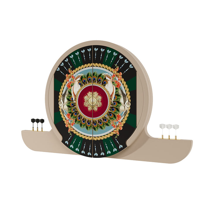 Product studio shot of the Vismara Argo Circus dartboard cabinet with detailed peacock artwork and symmetrical darts on both sides.
