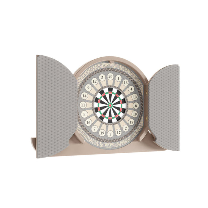 Studio view of Vismara Argo Circus dartboard cabinet fully opened, revealing a traditional dartboard design with modern detailing.