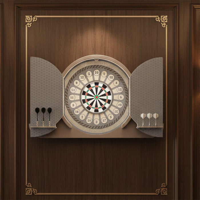 Closed Vismara Argo Circus dartboard cabinet featuring intricate peacock and floral design, installed on a pink wall above a green velvet curved sofa.