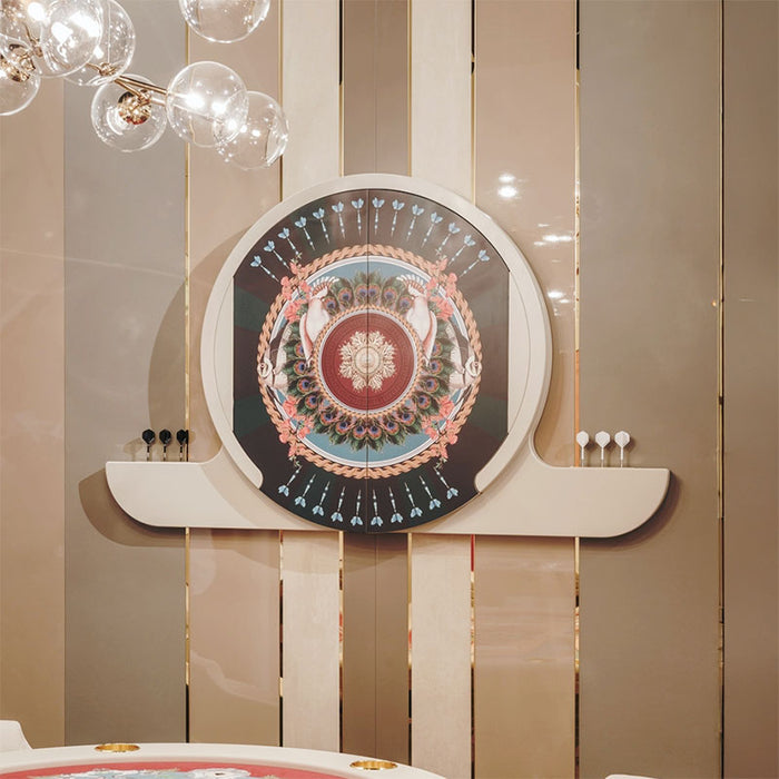 Vismara Argo Circus dartboard cabinet with vibrant artistic doors mounted in a stylish games room, with luxury poker table and modern chandelier.