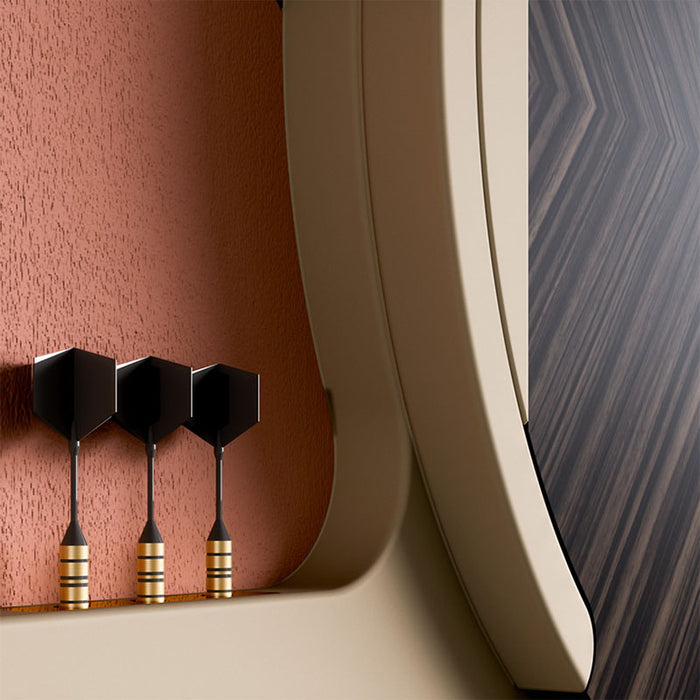 Close-up of the Vismara Argo20 Dartboard Cabinet showing precision-crafted darts with gold-striped barrels beside the elegant woodgrain cabinet doors.