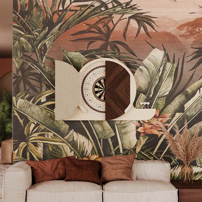 Vismara Argo20 Dartboard Cabinet partially opened in a tropical-themed living space, combining woodgrain and cream finishes for a sophisticated games area.