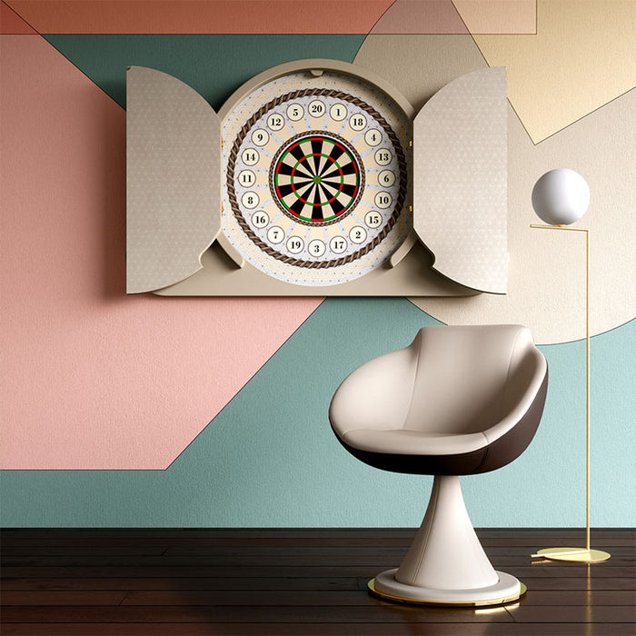 Vismara Argo20 Dartboard Cabinet fully open on a vibrant geometric pastel wall, paired with a modern swivel chair and minimal lighting for a designer look.