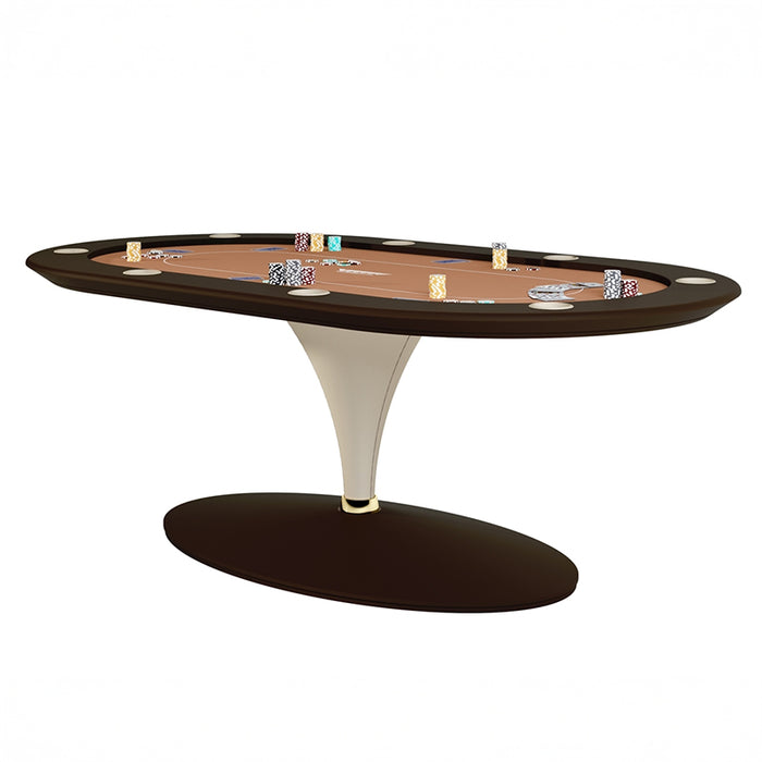 Vismara Asso oval poker table with sleek pedestal base and tan felt, designed with modern contours and luxury chip holders.