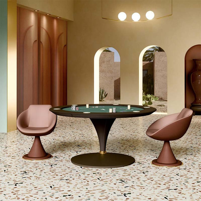 Designer Vismara Asso poker table with green felt and brown pedestal base, set in an arched minimalist interior with terrazzo flooring.