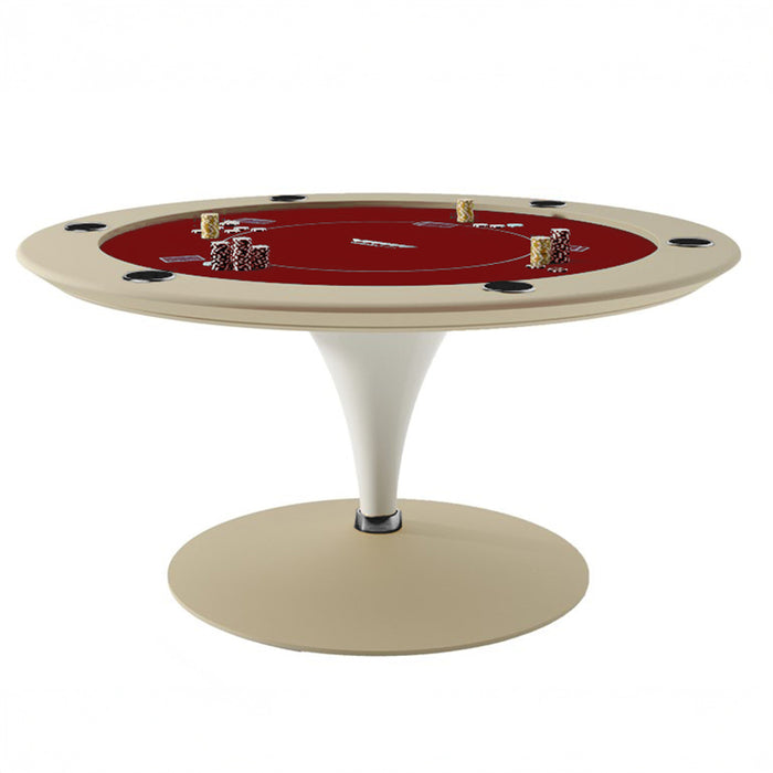 Round Vismara Asso poker table with rich red felt and beige body, featuring integrated cup holders and pedestal support.