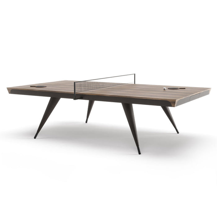 The Vismara Blade Table Tennis Table showcased on a white background, highlighting its minimalist, luxurious design with fine wood veneer and leather finishes.