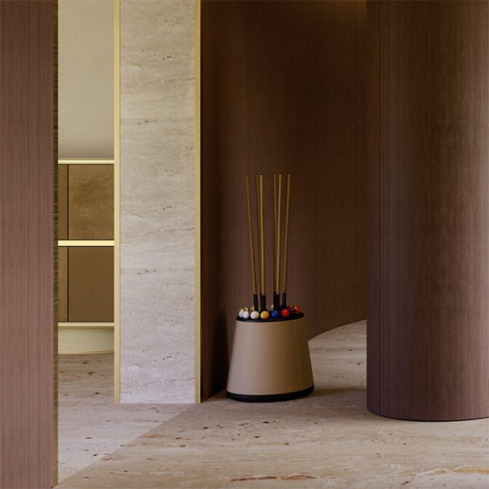 Scenic modern interior with the Vismara Bobo Cue Rack and pool table set against panoramic lake and mountain views through large windows.