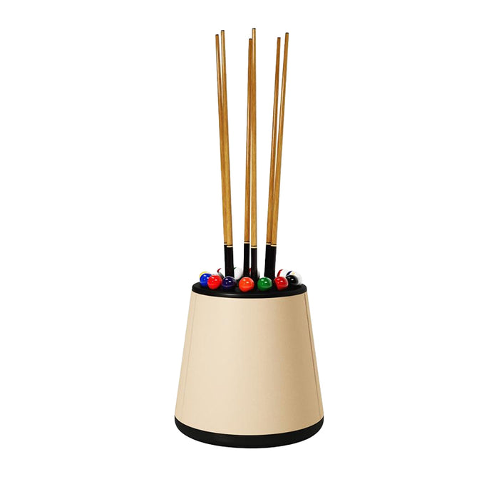Studio-style product shot of the Vismara Bobo Cue Rack in cream and black, holding multiple cues and vibrant pool balls.