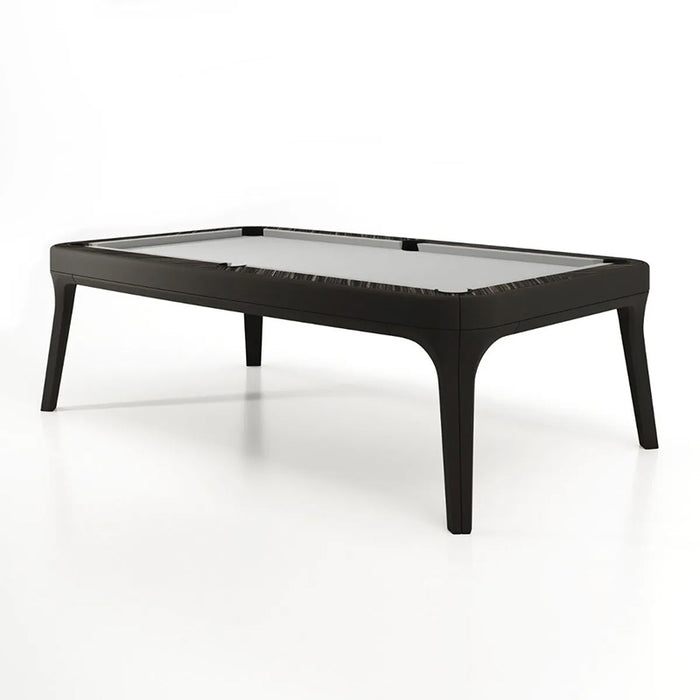 A luxurious black Vismara Dandy Pool Table with clean lines and elegant Makassar ebony accents, displayed against a minimalist white background.