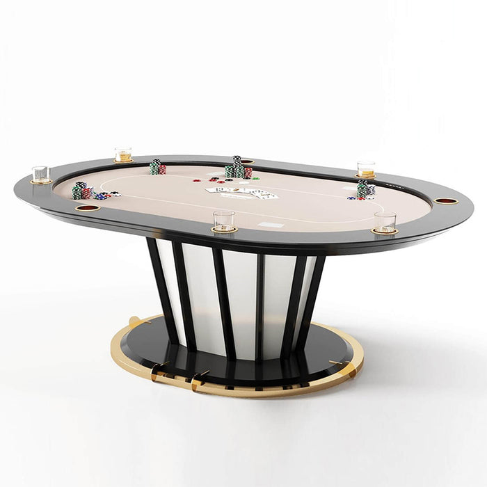 Elegant Vismara Desire Poker Table with oval playing surface, gold cup holders, black trim, and a fluted pedestal base, styled for luxury home gaming rooms.