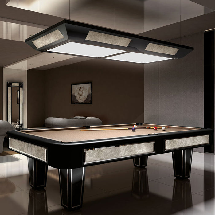 Stylish Vismara Desire pool table with beige cloth and black frame in a modern luxury games lounge, paired with plush seating and ambient lighting.