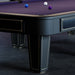 Close-up of Vismara Desire pool table featuring deep purple cloth and black frame with elegant gold inlays, showcasing luxury modern design and craftsmanship.