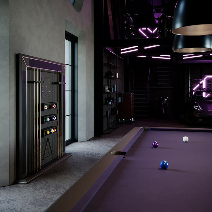 Detail view of Vismara Desire pool table with purple felt and sleek black frame, showcasing cue rack and stylish corner finish.