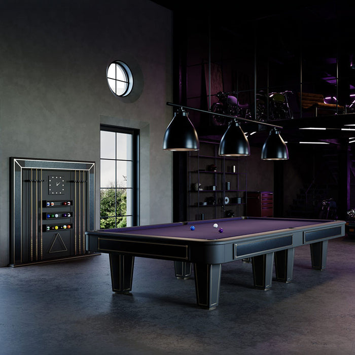 Purple felt Vismara Desire pool table in an industrial-style room, featuring contemporary cue storage with neon accents and high-tech design.