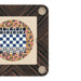 Overhead view of Vismara Enigma table styled for chess with a blue-and-white checkered board surrounded by artistic patterns – high-end multifunctional game design.
