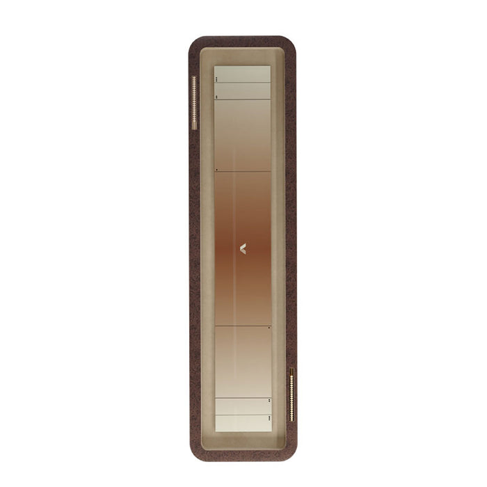 Top‑down view of the Vismara Flume shuffleboard table in beige and brown tones with smooth playing surface and recessed scoring trays – premium luxury game table.