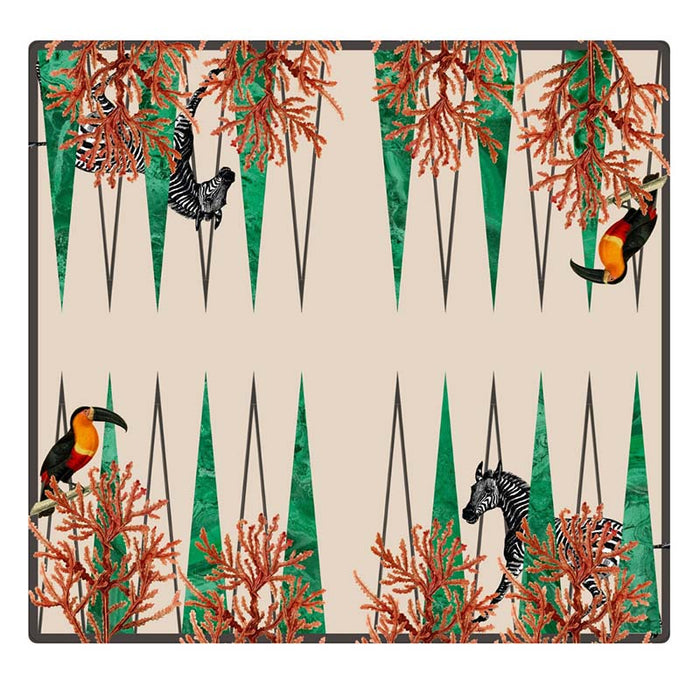 Vismara Goemon Game Table with backgammon configuration, shown in studio setting with dual storage panels and sculptural pedestal base.