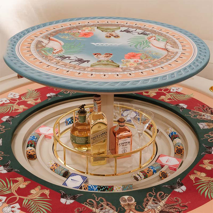 Detailed view of poker chips and Vismara-branded playing cards in the integrated chip tray of the Vismara Mirabilia Poker Table with custom green velvet surface.