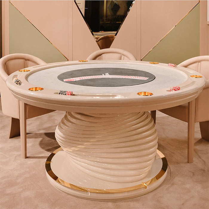 Close-up of Vismara Mirabilia Poker Table showing integrated drink holders and central bottle carousel, with a unique spiral pedestal base and soft velvet chairs in a refined games room.