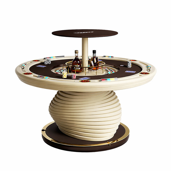 Grey suede top of the Vismara Mirabilia Poker Table shown in close-up with bottle storage, glass holders, and multi-coloured chips in a luxe beige finish.