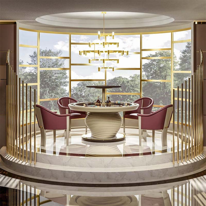 Whimsical edition of Vismara Mirabilia Poker Table featuring colourful illustrated felt, gold drinks carousel, and a playful blend of jungle and fantasy motifs.