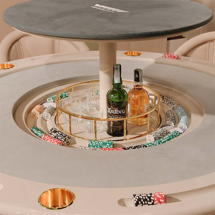Elegant Vismara Mirabilia Poker Table displayed in a raised, circular marble platform room with burgundy leather chairs, gold accents, and panoramic windows.