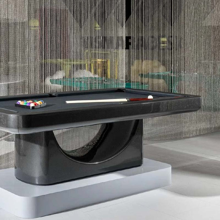 Carbon fibre-finished Mono Pool Table displayed in a refined setting, ideal for contemporary interiors.